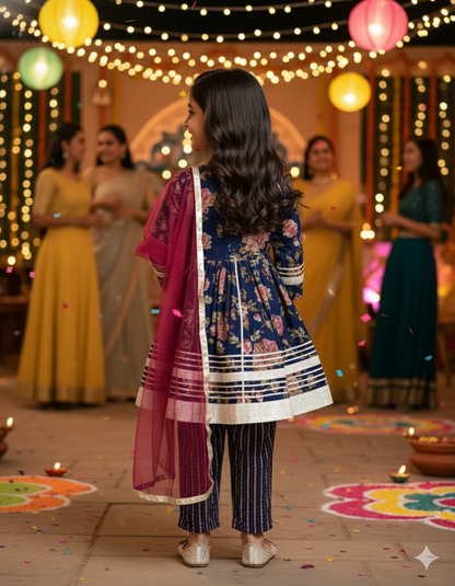 Blue Floral Printed Girls Flare Suit Set