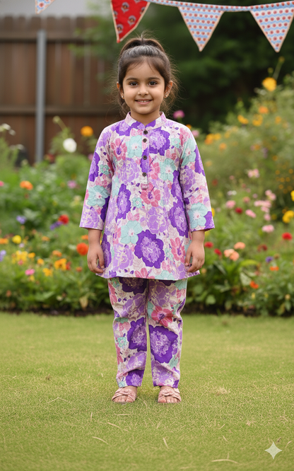 Lavender  Flower Printed Girls Co-Ord Set