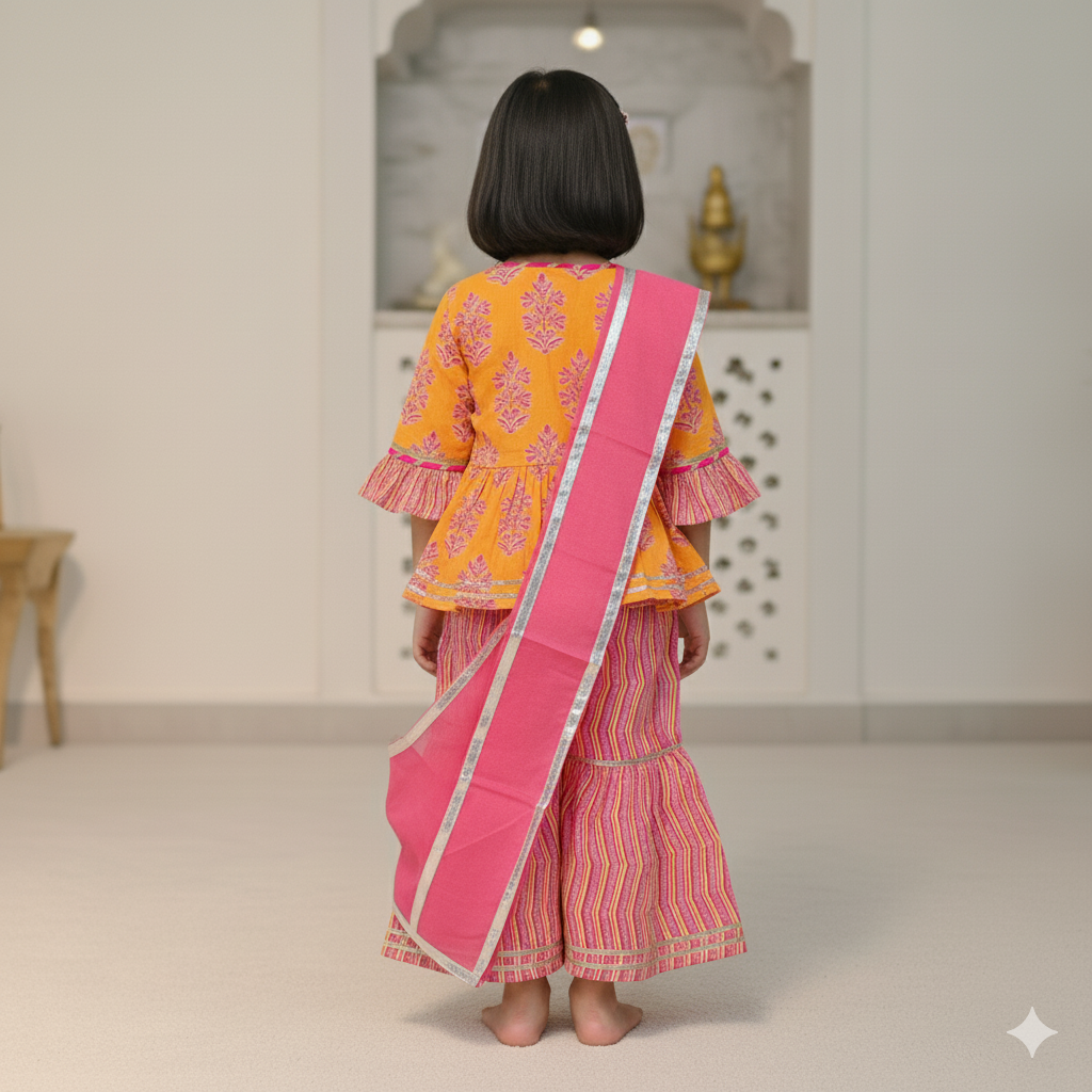 Block Printed Yellow & Pink Coloured Anarkali Suit with Sharara