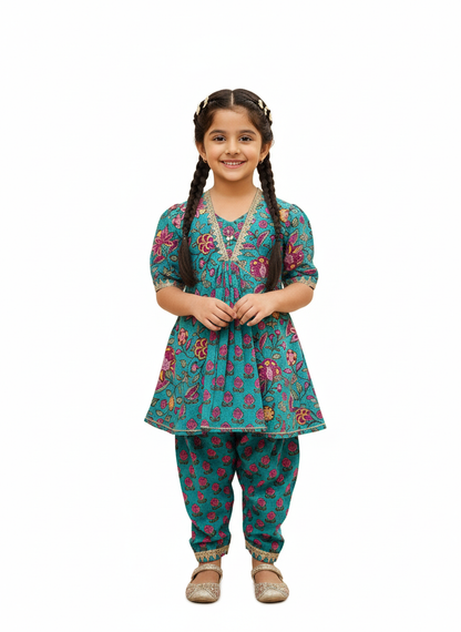 Mustard Flower Printed Afghani Style Suit Set