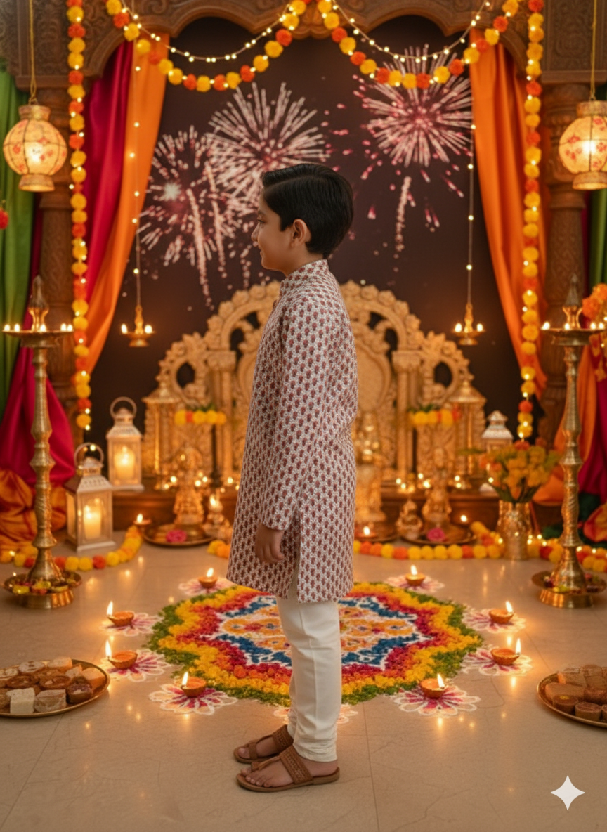 Pink Block Printed Boy's Kurta