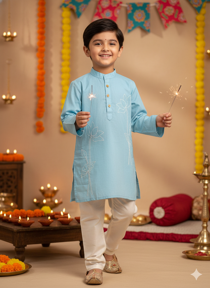 Sky Blue Lotus embroided Kurta -Pyjama