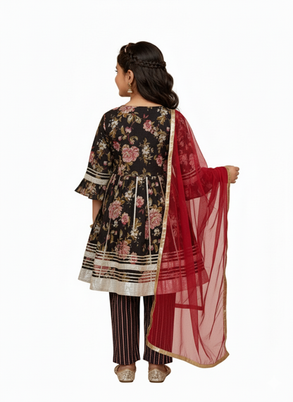 Black Floral Printed Girls Flare Suit Set