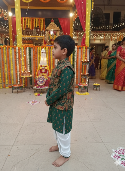 Green block printed Jacket with Kurta -Dhoti