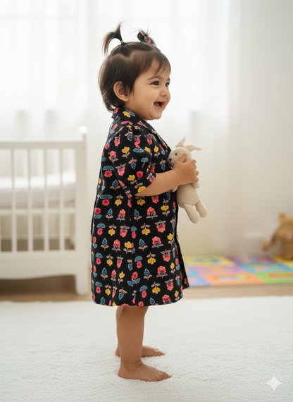 Flower Printed Black color Summer Frock For girls