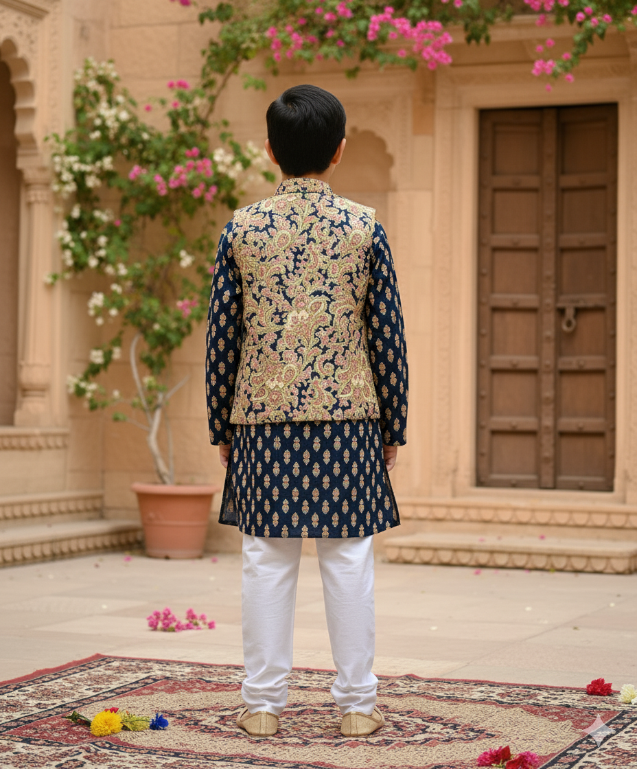 Blue Jaal Buta Jacket with Kurta Pyjama