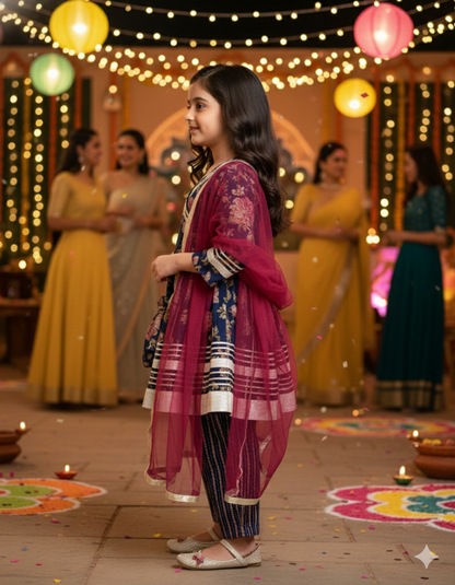 Blue Floral Printed Girls Flare Suit Set