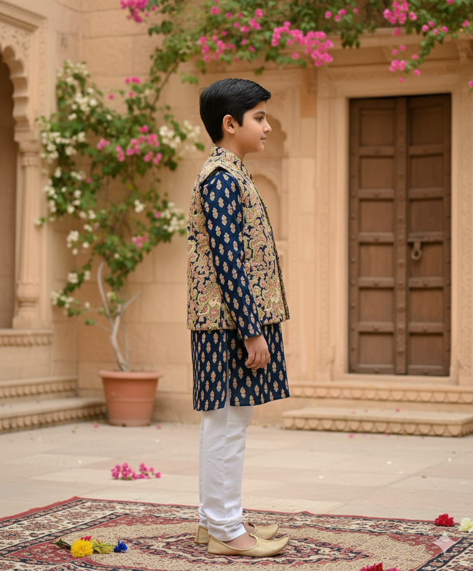Blue Jaal Buta Jacket with Kurta Pyjama