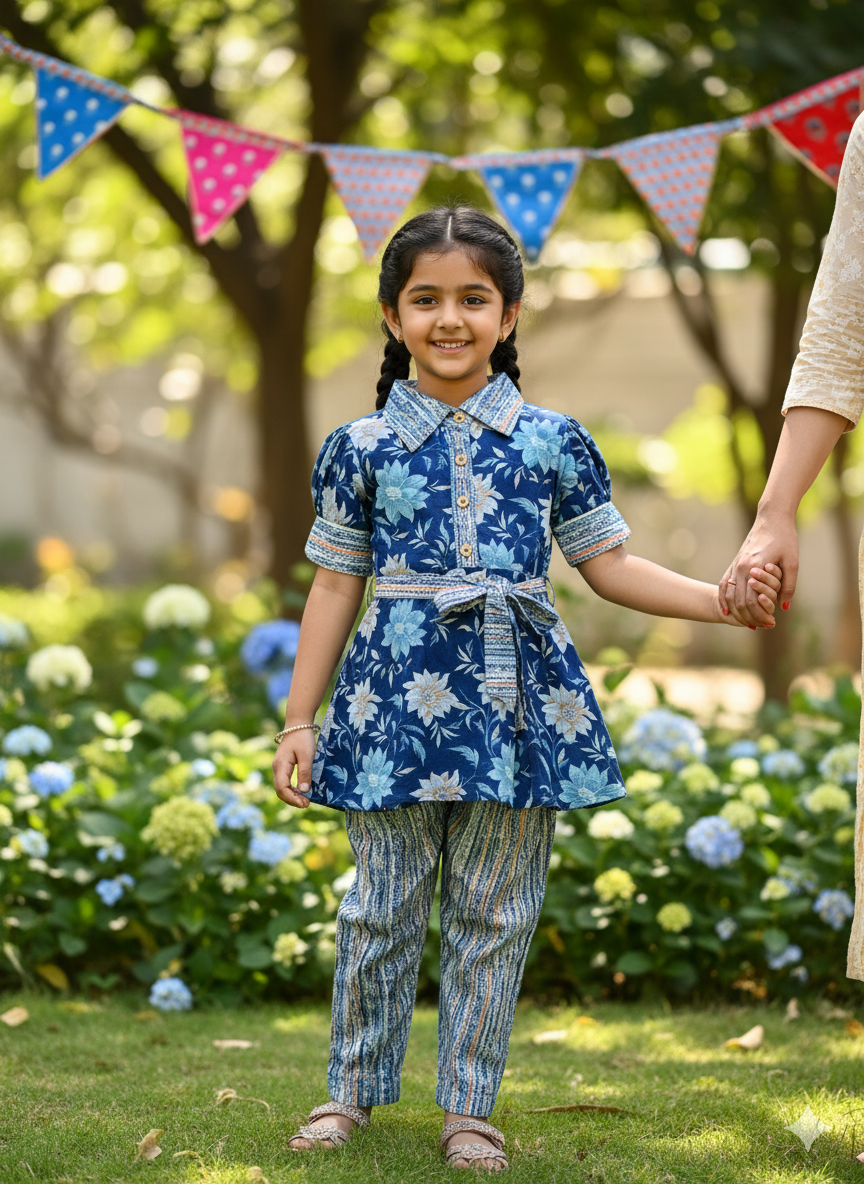 Flower Print Blue Colour Girls Co-Ords