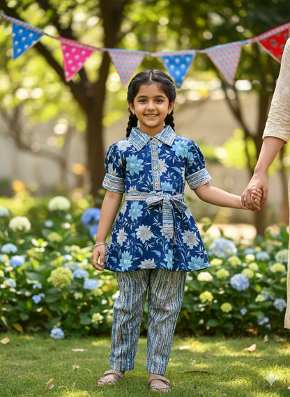 Flower Print Blue Colour Girls Co-Ords