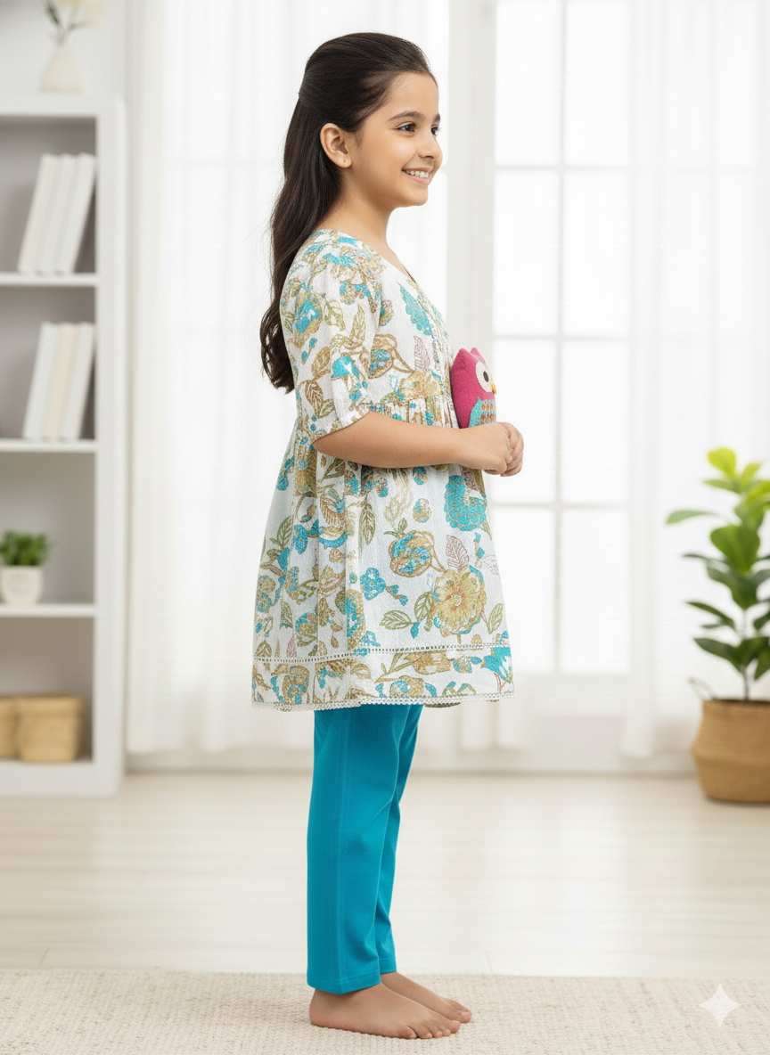 White Flower Printed Girls Top