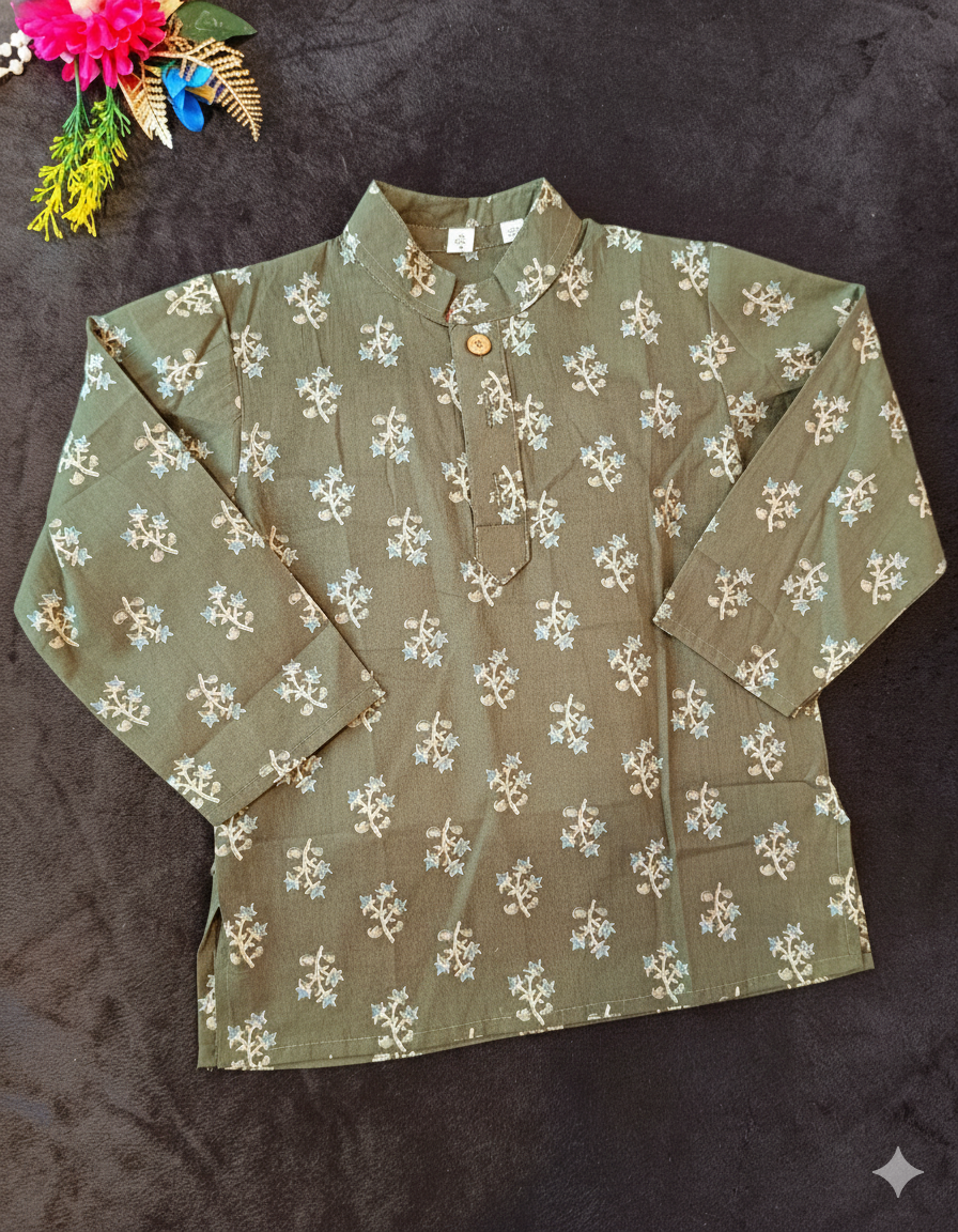 Olive green block printed Kurta -Pyjama