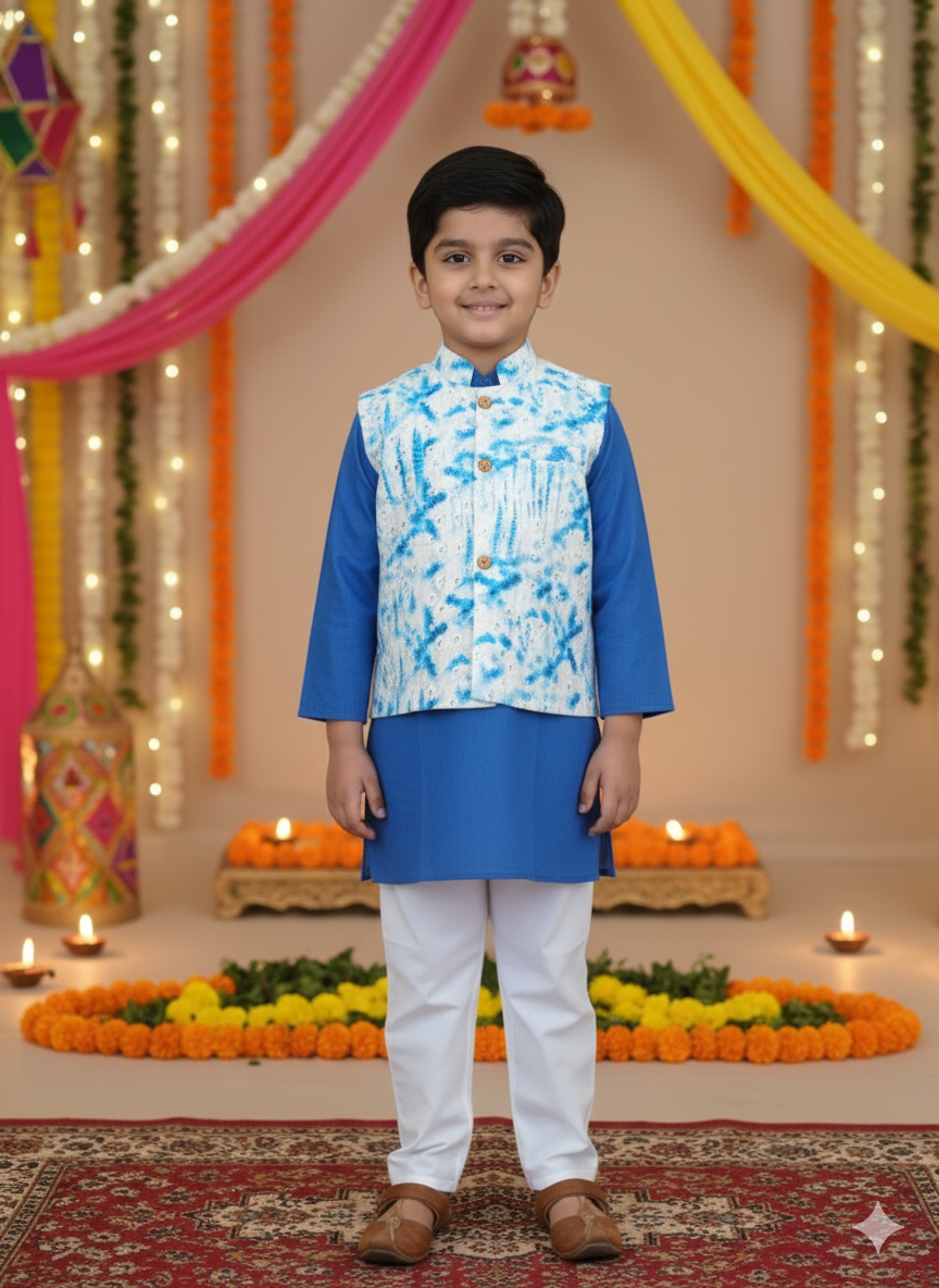 Schiffli Blue Jacket with Kurta -Pyjama