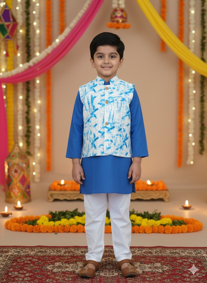 Schiffli Blue Jacket with Kurta -Pyjama