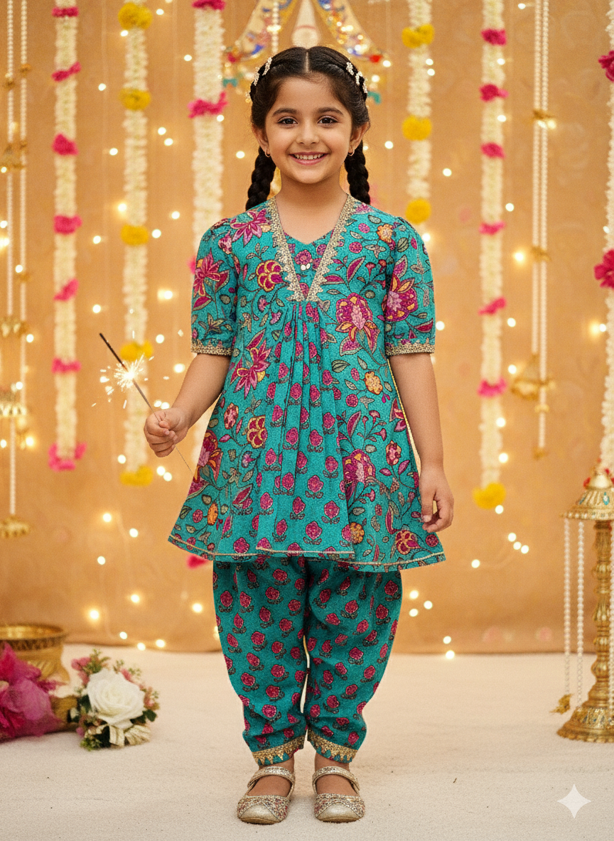 Mustard Flower Printed Afghani Style Suit Set