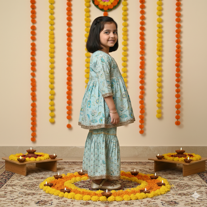 Tea Green Colour floral Print Ankarkali Suit with Sharara