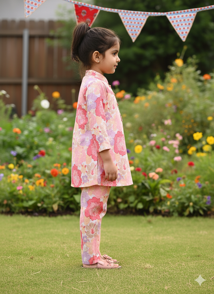 Pink Flower Printed Girls Co-Ord Set