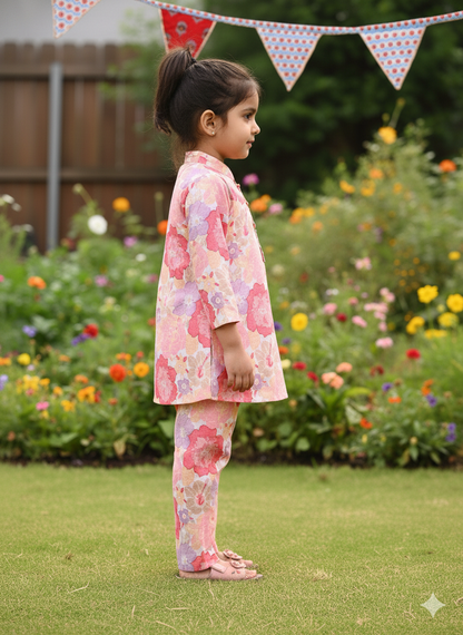 Pink Flower Printed Girls Co-Ord Set