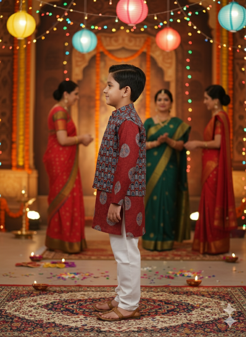 Mehroon Ajrakh Jacket with Kurta-Pyjama