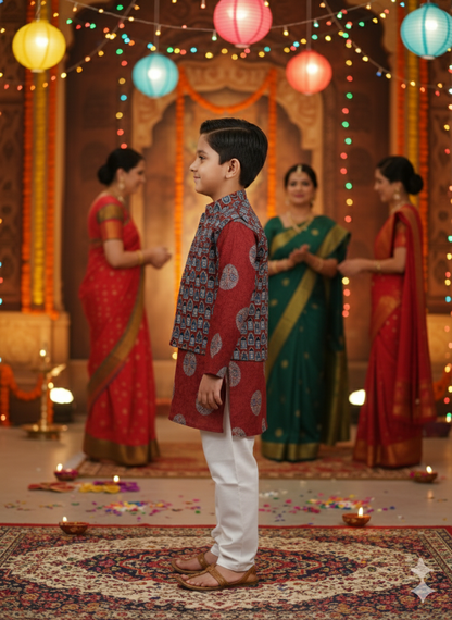 Mehroon Ajrakh Jacket with Kurta-Pyjama