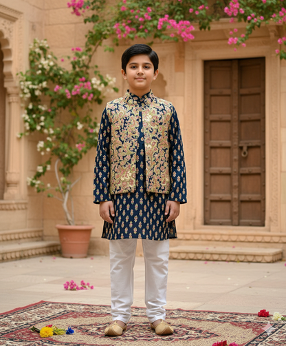 Blue Jaal Buta Jacket with Kurta Pyjama