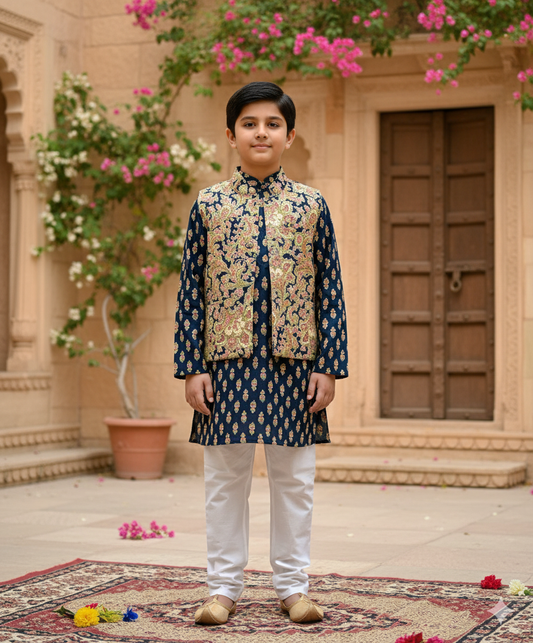 Blue Jaal Buta Jacket with Kurta Pyjama