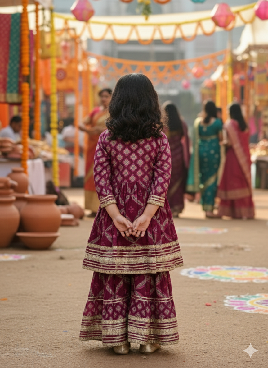 Jaal Butta  Print Wine Coloured Anarkali Suit with Sharara