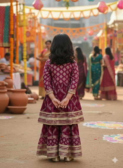 Jaal Butta  Print Wine Coloured Anarkali Suit with Sharara