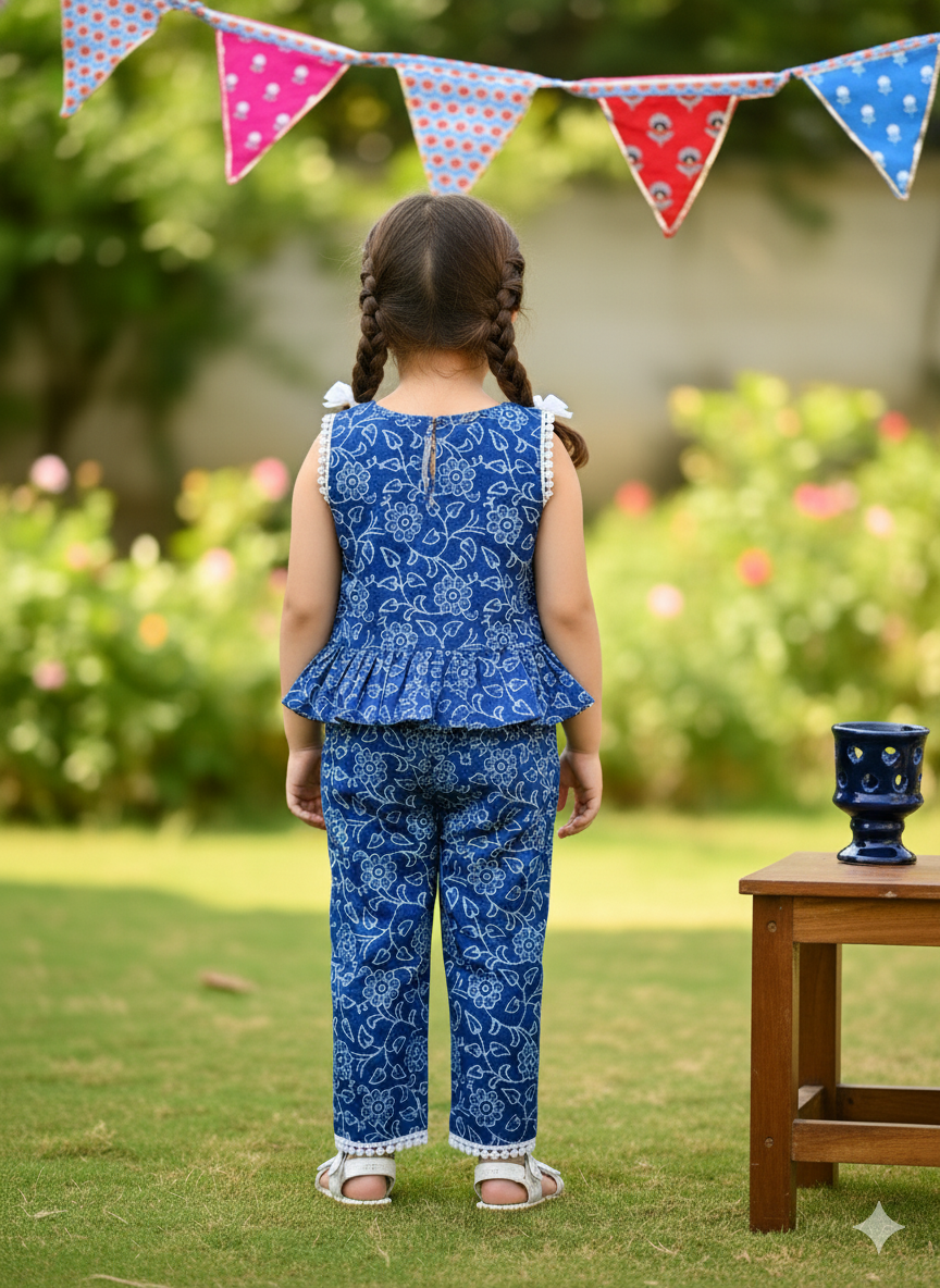 Indigo Blue Discharge printed Girls Co-ord Set