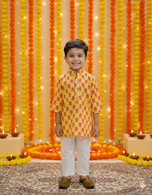 Mustard Block Print Boy's Kurta