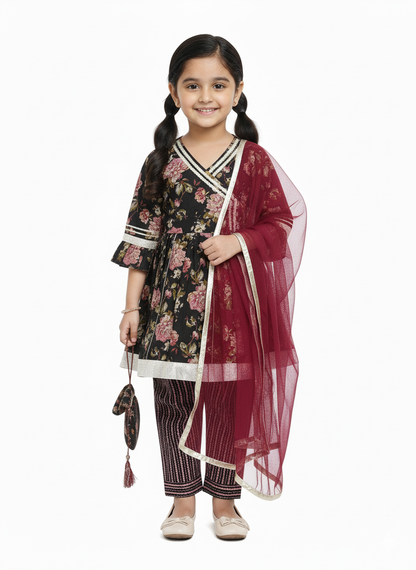 Black Floral Printed Girls Flare Suit Set