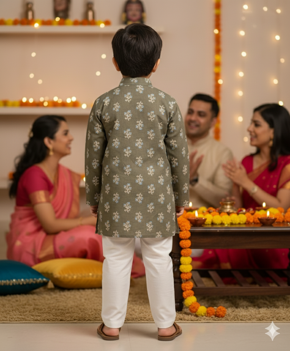 Olive green block printed Kurta -Pyjama