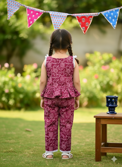 Wine Colour Discharge printed Girls Co-ord Set