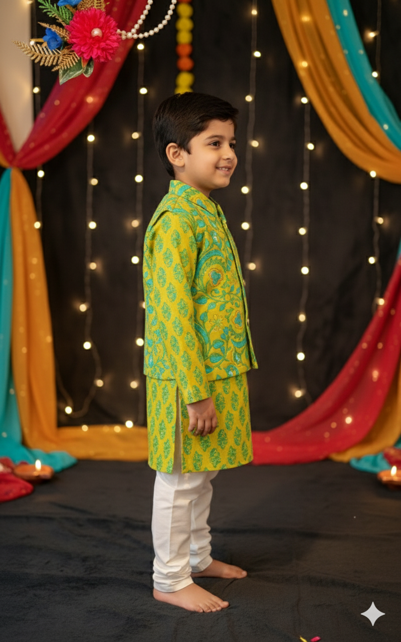Lime Green Phool Patti printed Jacket with Kurta -Pyjama