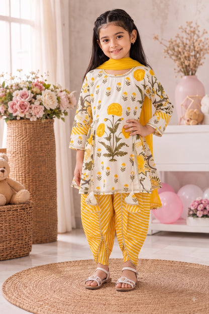 Block Printed Mugalbuta (Yellow  on white) side tie up gathered kurti with Lahariya tulip pants
