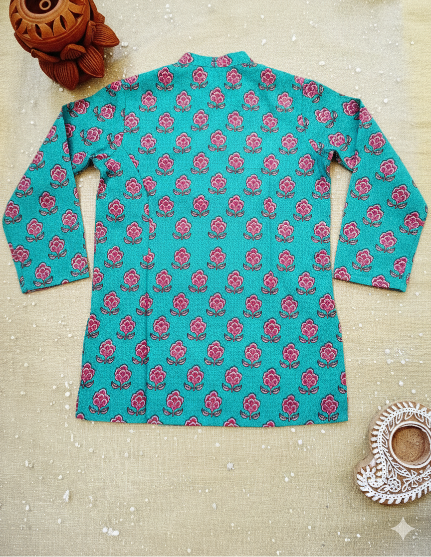 Sea Green Block Printed Boy's Kurta