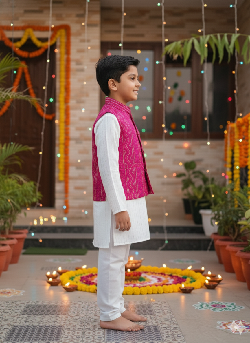 Pink Bandhej Jacket With Lurex Kurta Pyjama