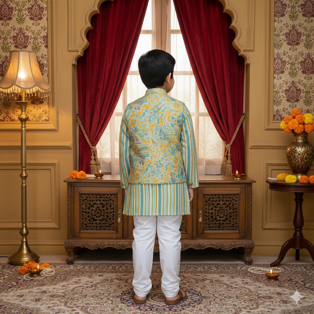 Yellow Pastel Paisley Jacket with Kurta Pyjama