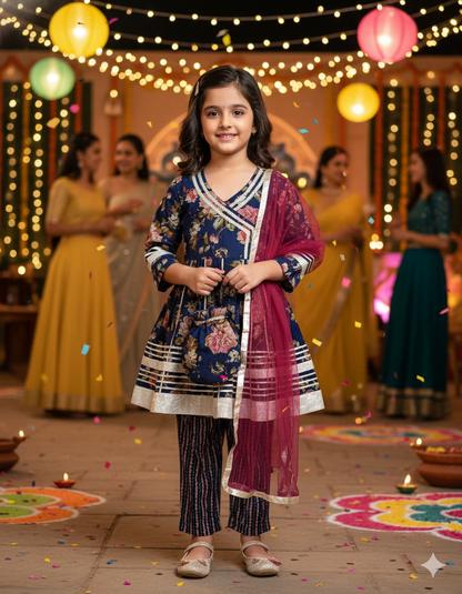 Blue Floral Printed Girls Flare Suit Set