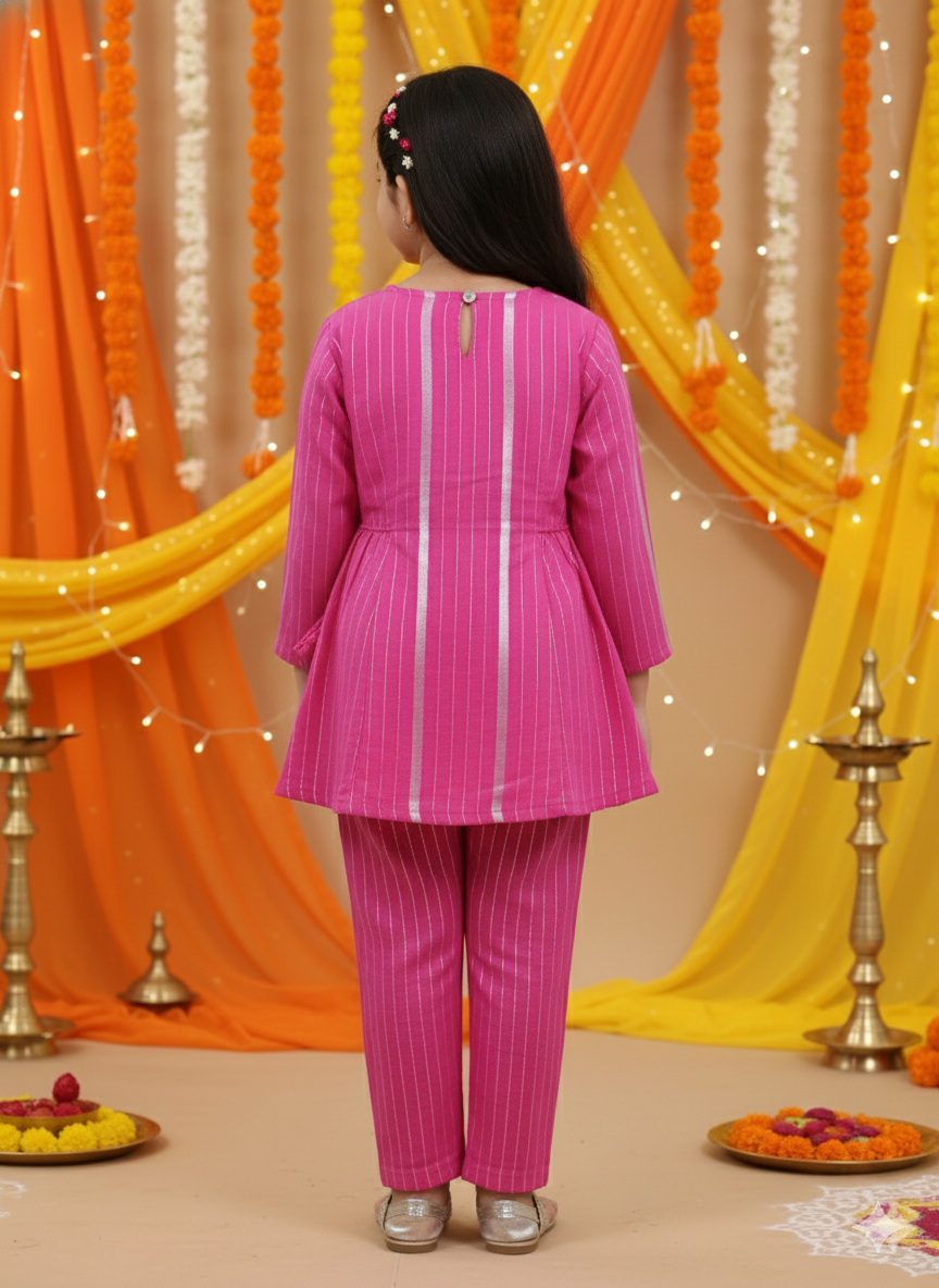 Stylish Pink Lurex cotton flared suit set for Girls