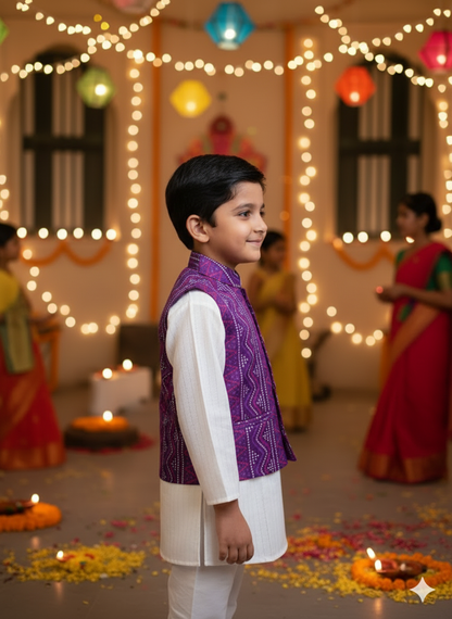 Purple Bandhej Jacket With Lurex Kurta Pyjama