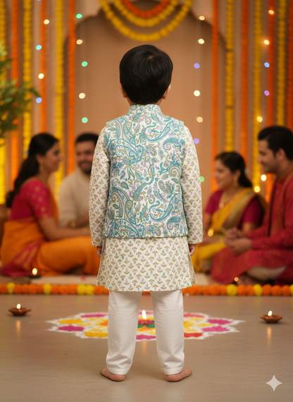 Sky Blue Paisley Print Jacket With Kurta -Pyjama