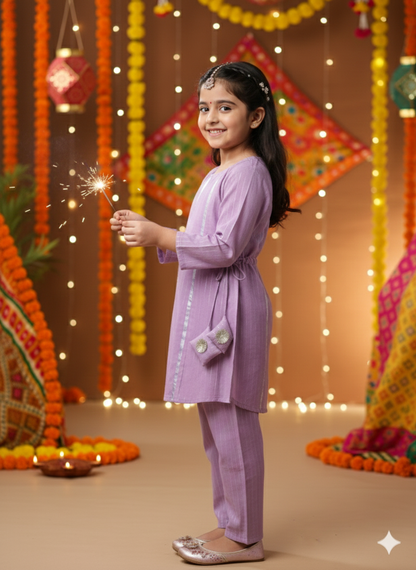 Stylish Lavender Lurex cotton flared suit set for Girls