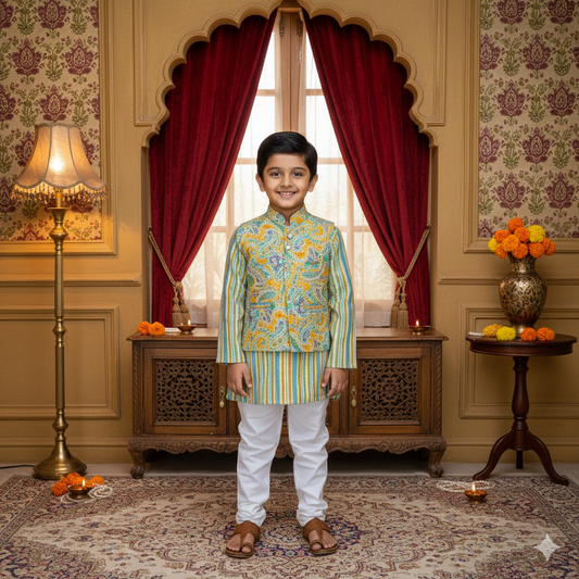 Yellow Pastel Paisley Jacket with Kurta Pyjama