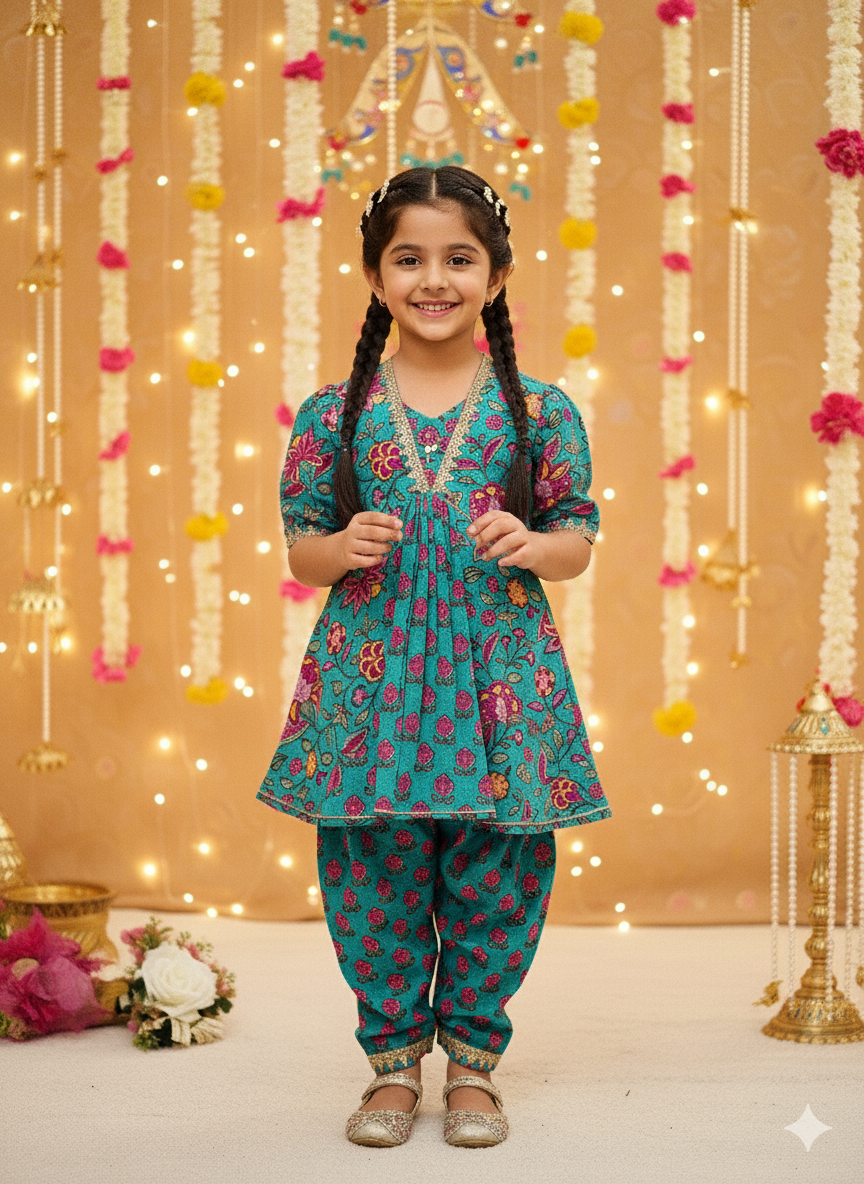 Mustard Flower Printed Afghani Style Suit Set
