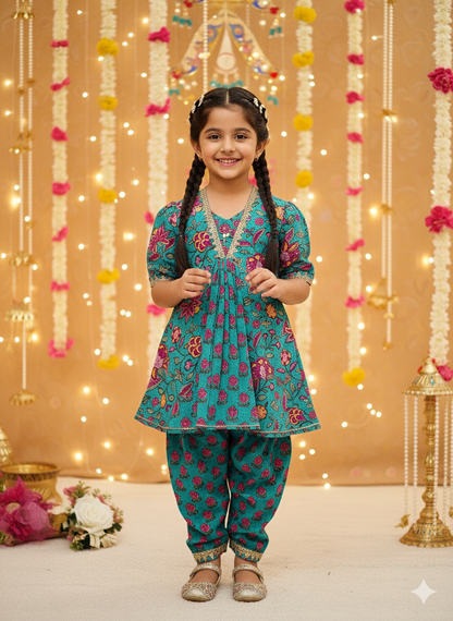 Mustard Flower Printed Afghani Style Suit Set