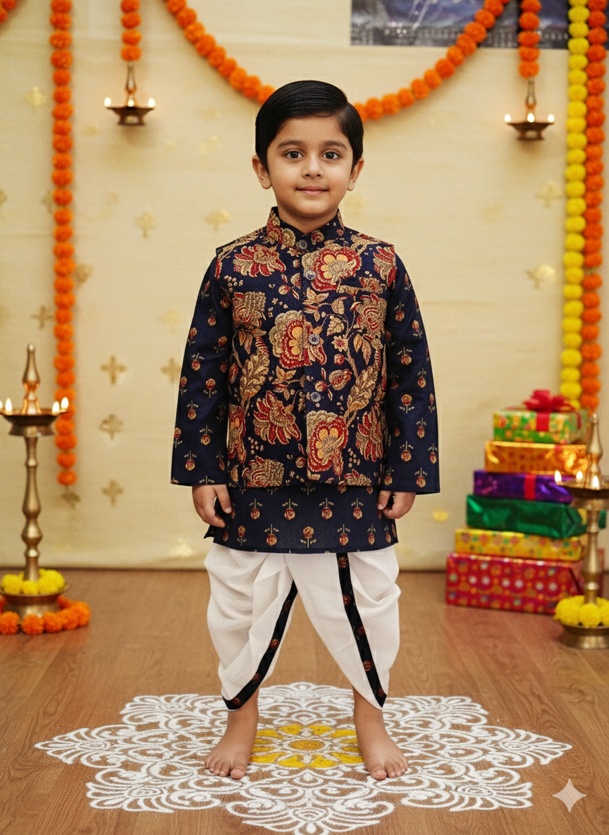 block printed Jacket with Kurta -Dhoti