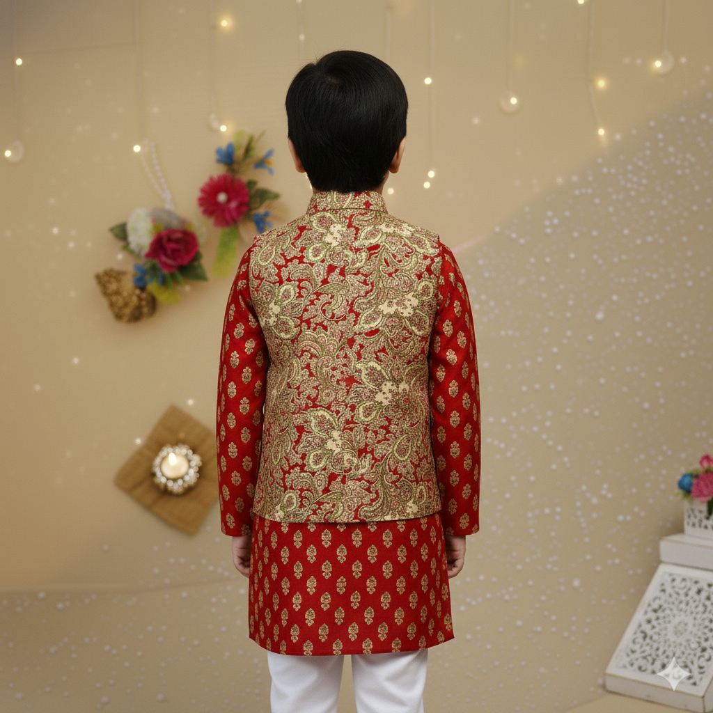 Red Jaal -Buta Jacket with Kurta -Pyjama