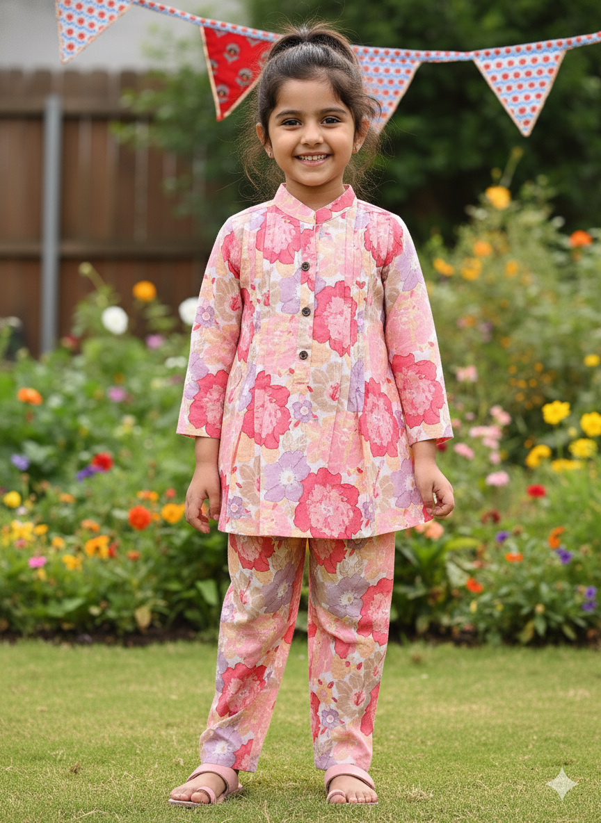 Pink Flower Printed Girls Co-Ord Set