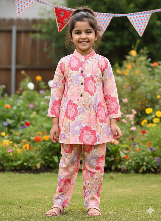 Pink Flower Printed Girls Co-Ord Set